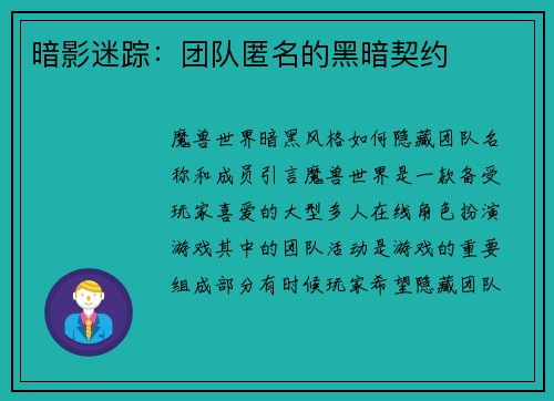 暗影迷踪：团队匿名的黑暗契约